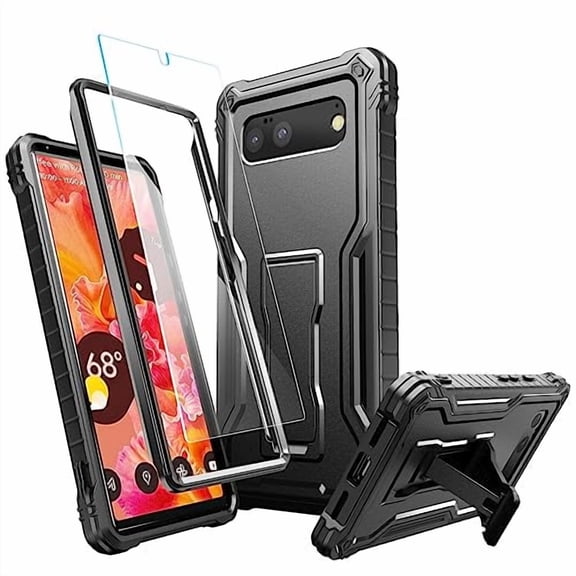 FITO For Google Pixel 6 Case, Phone Case with Screen Protector and Kickstand (Black)