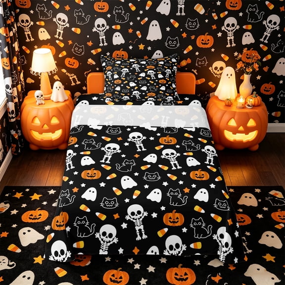 Castle Fairy Cute Halloween Twin Sheets 3pcs,Ghost Pumpkin Cat Skeleton Allover Bedding,Orange Black,1 Fitted Sheet,1 Flat Sheet and 1 Pillowcase