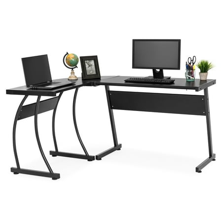 Metal Corner Computer Desk Best Choice Products 3-Piece L-Shaped Corner Computer Desk Workstation w/ Metal Frame, Foot Pads, Black ()