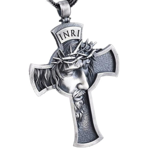Cross Crucifix Pendant Necklace, Christian Catholic Baptism Antique Jesus Necklace, Bible Prayer Pendant Necklace Men's and Women's Gifts, (INRI,Stainless Steel, 22 inches Long)
