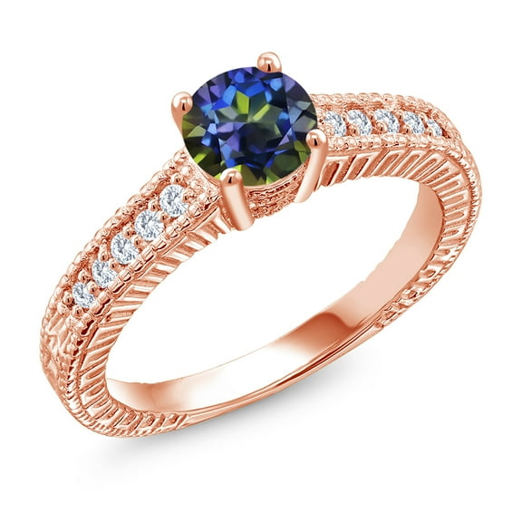 Gem Stone King 18K Rose Gold Plated Silver Ring Round Blue Mystic Topaz and Moissanite (1.15 Cttw, Size 5)