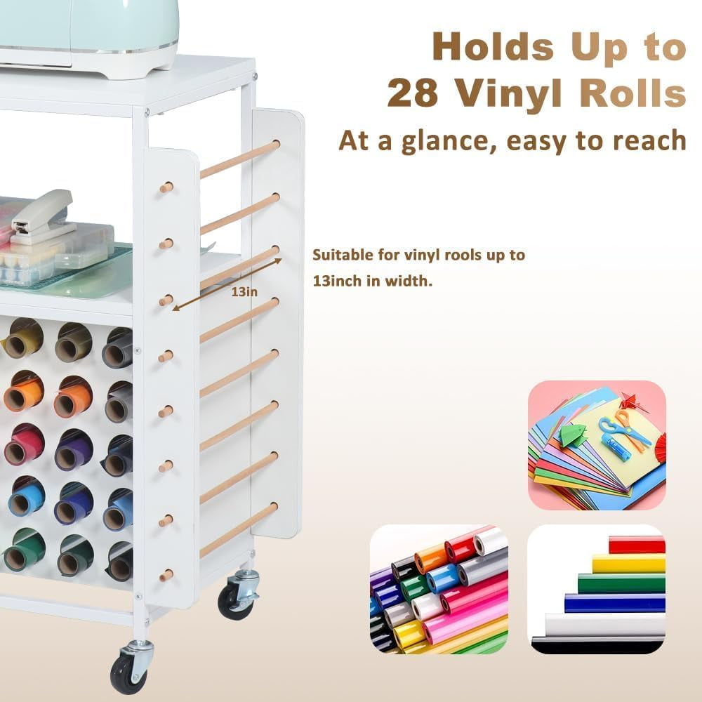 LUCKUP Organization and Storage Craft Table for Cricut Machines, Rolling Cart Cabinet with 28 Vinyl Roll Holders and 5 Drawers