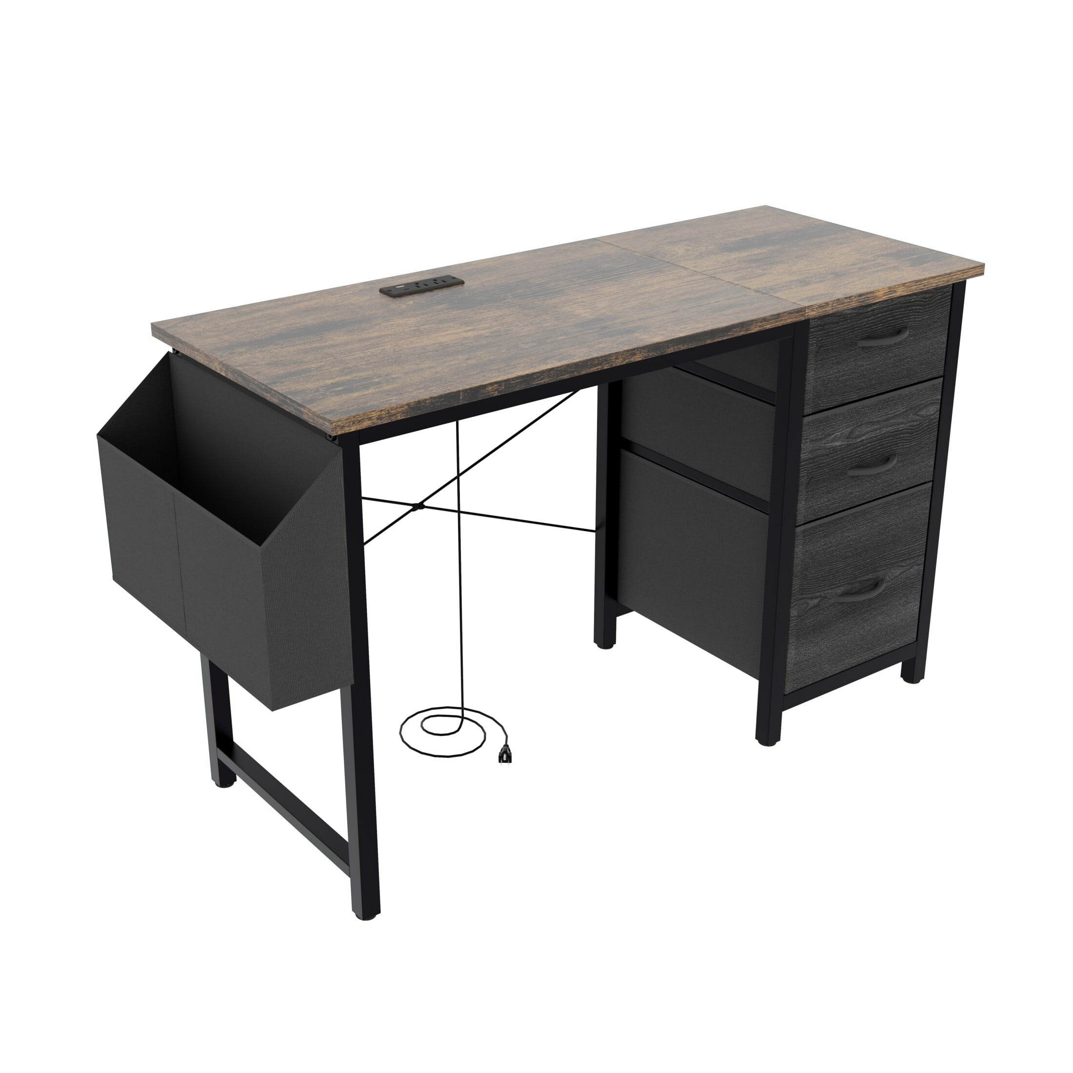 DEALTOPS Computer Desk with Power Outlets, Office desk with Reversible Fabric Drawers and Side Pocket, Rustic Brown