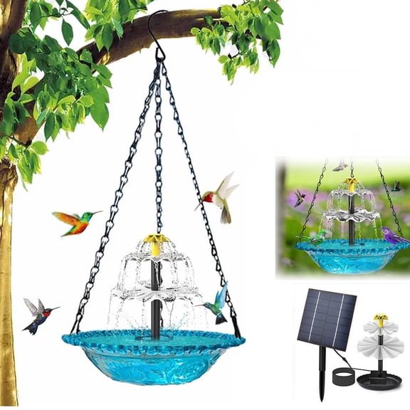 Bird Bath Solar Fountain, Hanging 10inWide Blue Basin, Solar Powered Fountain Pump Kit, Outdoor Backyard Bird Watering Station