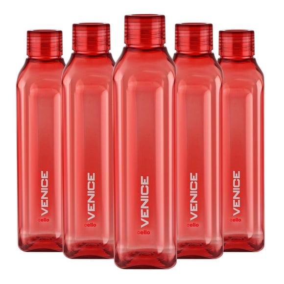 Venice Exclusive Edition Plastic Water Bottle Set Of 5 - 1 Liter Each, Red | Airtight Lid, Unbreakable, Leak Proof & BPA Free - Ideal For Office, Sports, School, Travelling, Gym, Yoga