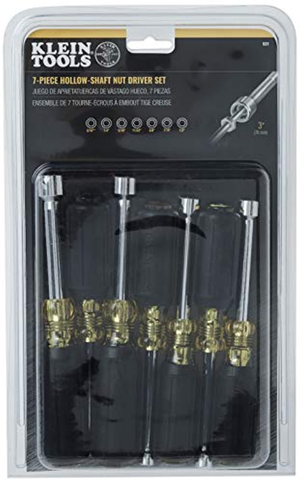 Klein Tools 631 NutDrivers, 7 Piece Nut Driver Set, Hex Nut Sizes 3/16, 1/4, 5/16, 11/32, 3/8, 7/16 and 1/2-Inch on 3-Inch Full Hollow Shaft