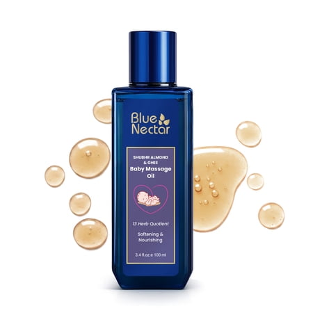 Blue Nectar Ayurveda Gentle Baby Oil for Newborn Skin Care | 100% Natural Moisturizing Coconut Oil Organic Ghee & Almond Oil for Baby Massage (13 Herbs 3.38 Fl Oz)