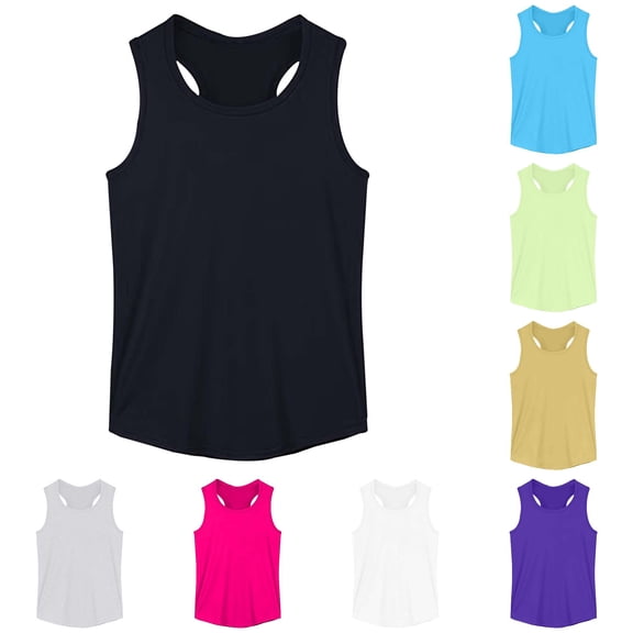 FINALGANG Girls Kids U Neck Racerback Sleeveless Solid Quick Dry Breathable Curved Hem Regular Fit Athletic Sport Tank Top For Daily Workout Running Training Summer Wear Classic Top Black 9-10 Years