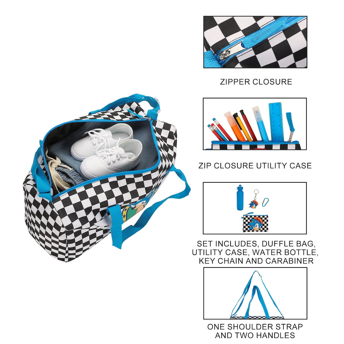 Sonic The Hedgehog Classic 5-Pc Duffle Bag Utility Case Water Bottle Key Chain and Carabiner
