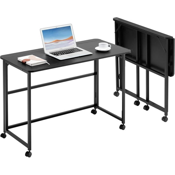 Small Folding Desk Rolling Table, Portable Foldable Desk on Wheels, Space Saving Computer Table Writing Workstation for Home Office, Easy Assembly (Black 19.7" D x 39.4" W x 29.53" H)