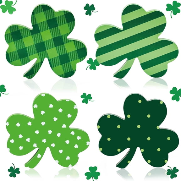 4Pcs St. Patrick's Day Wooden Shamrock Decorations – Large Tiered Tray Table Signs, Irish Centerpieces for Home, Kitchen, Office – Green Buffalo Plaid, Dot, Stripe & Clover Patterns