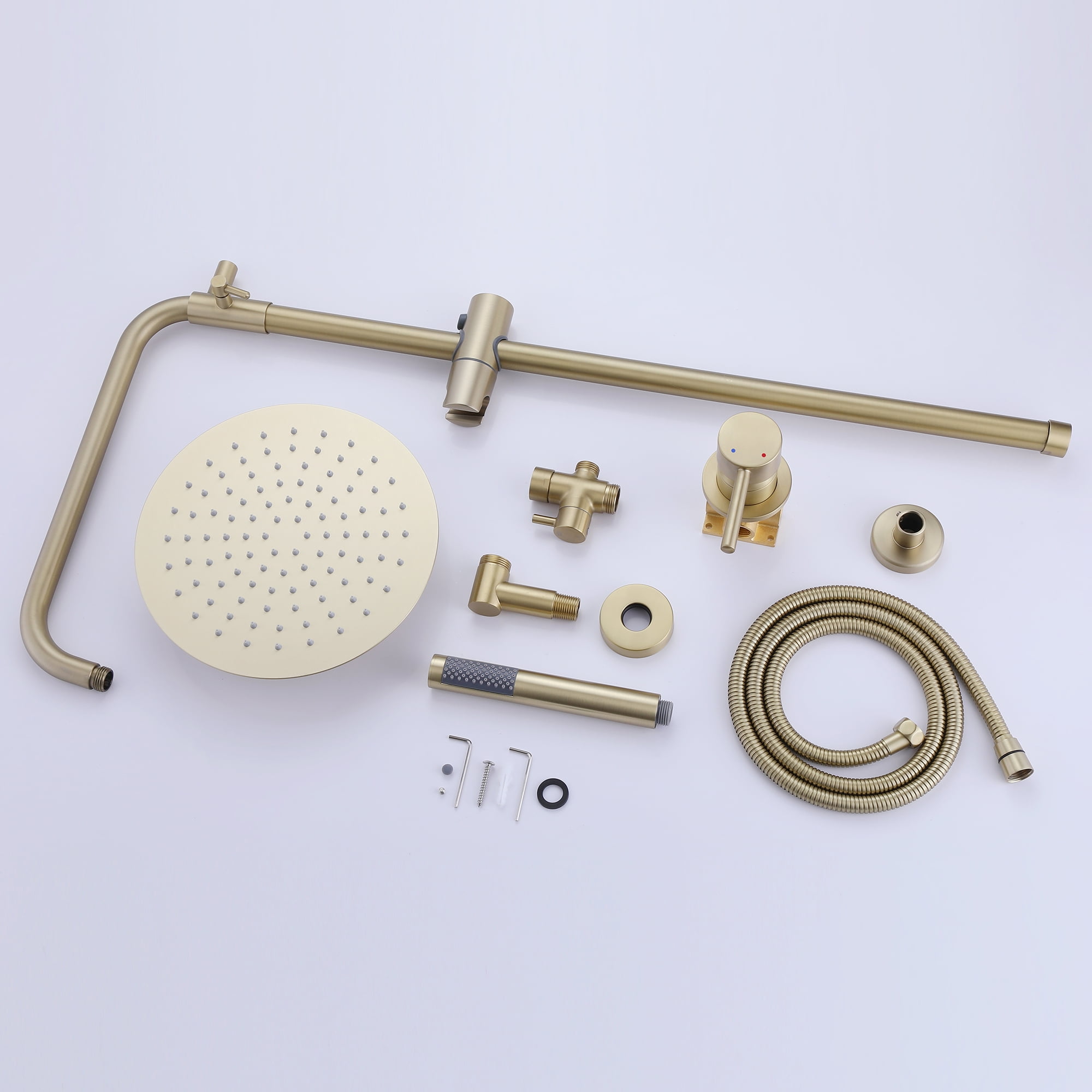 Brass Exposed Pipe Shower System, 10-inch Rainfall Shower Head with Handheld Shower Head with Rough-in Valve