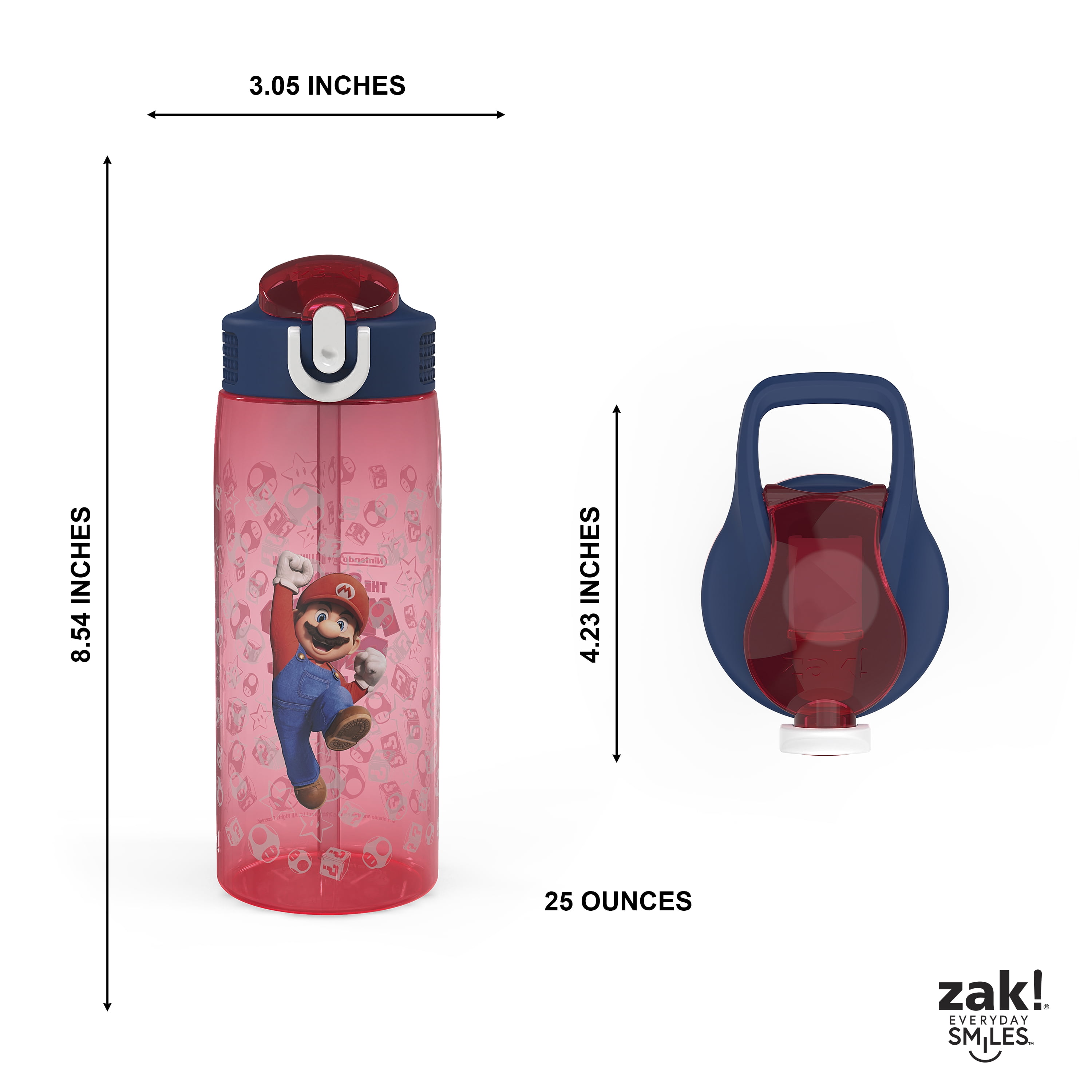 Zak Designs 25oz Mario Kids Straw Water Bottle, Durable Plastic Park Bottle with Easy-Open Locking Spout Cover for Travel, Built in Carry Handle