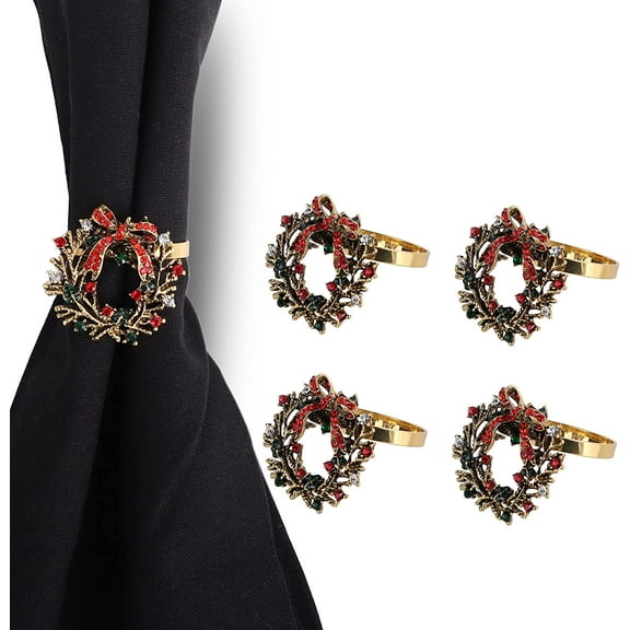Servette Home Christmas Wreath Napkin Rings Set of 4 Metal Gold, for Women