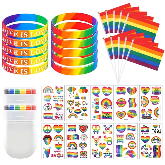 Forfamy Pride Accessories Set, Gay Pride Decorations with Rainbow Face Paint Stick Rainbow Flags Temporary Tattoos Stickers and Bracelet Lgbtq Accessories for Party Parades