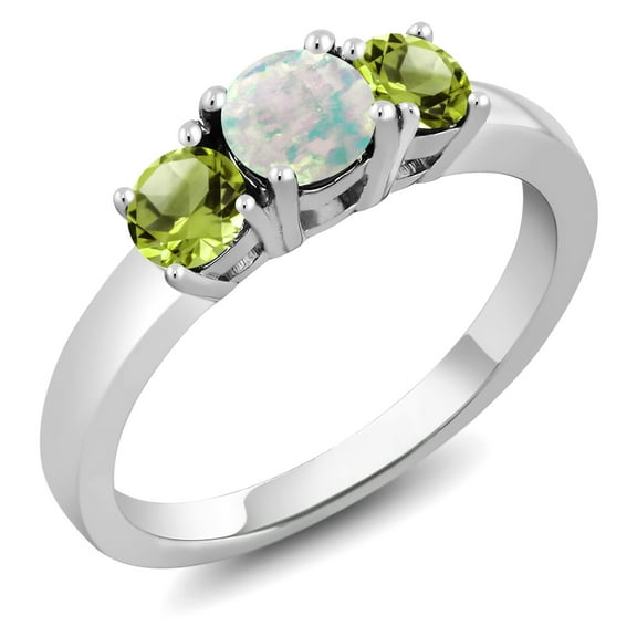 Gem Stone King 925 Sterling Silver Round Cabochon White Simulated Opal and Green Peridot Ring for Women (1.10 Cttw, Size 9)