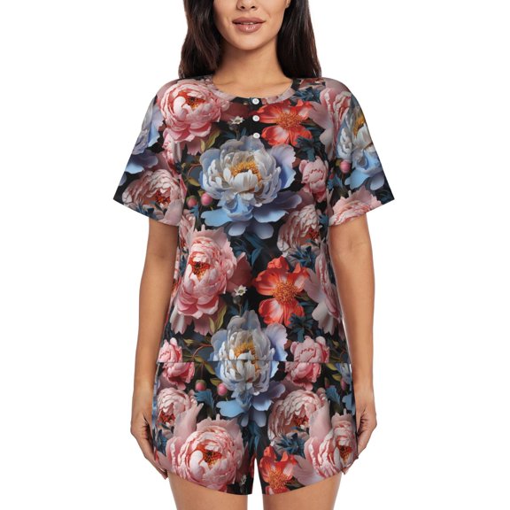 Rateoe Rose Flowers Pattern Women's Short-Sleeved Pajama Set - 2 Piece Soft and Lightweight Sleepwear Set-Small