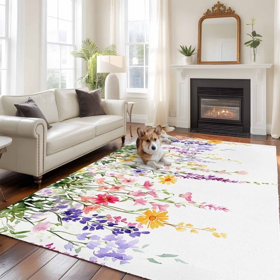 Spring Flowers Large Area Rugs 8x10 ft Watercolor Colorful Floral Leaf Country Washable Rug Non Slip Indoor Carpet Absorbent Floor Mat for Living Room Bedroom Dining Room