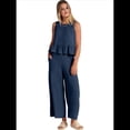 thumbnail image 3 of Conjunto de Chaleco Informal Sin Mangas con Cuello Redondo Plisado y Pantalones Cortos de Pierna para Mujer, Azul Marino, Talla S, 3 of 6