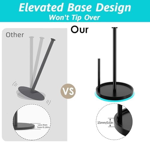 Paper Towel Holder Countertop, Standing Paper Roll Holder with Anti Slip Weighted Base, Stainless Steel Freestanding Paper Towel Holder for Kitchen, Black