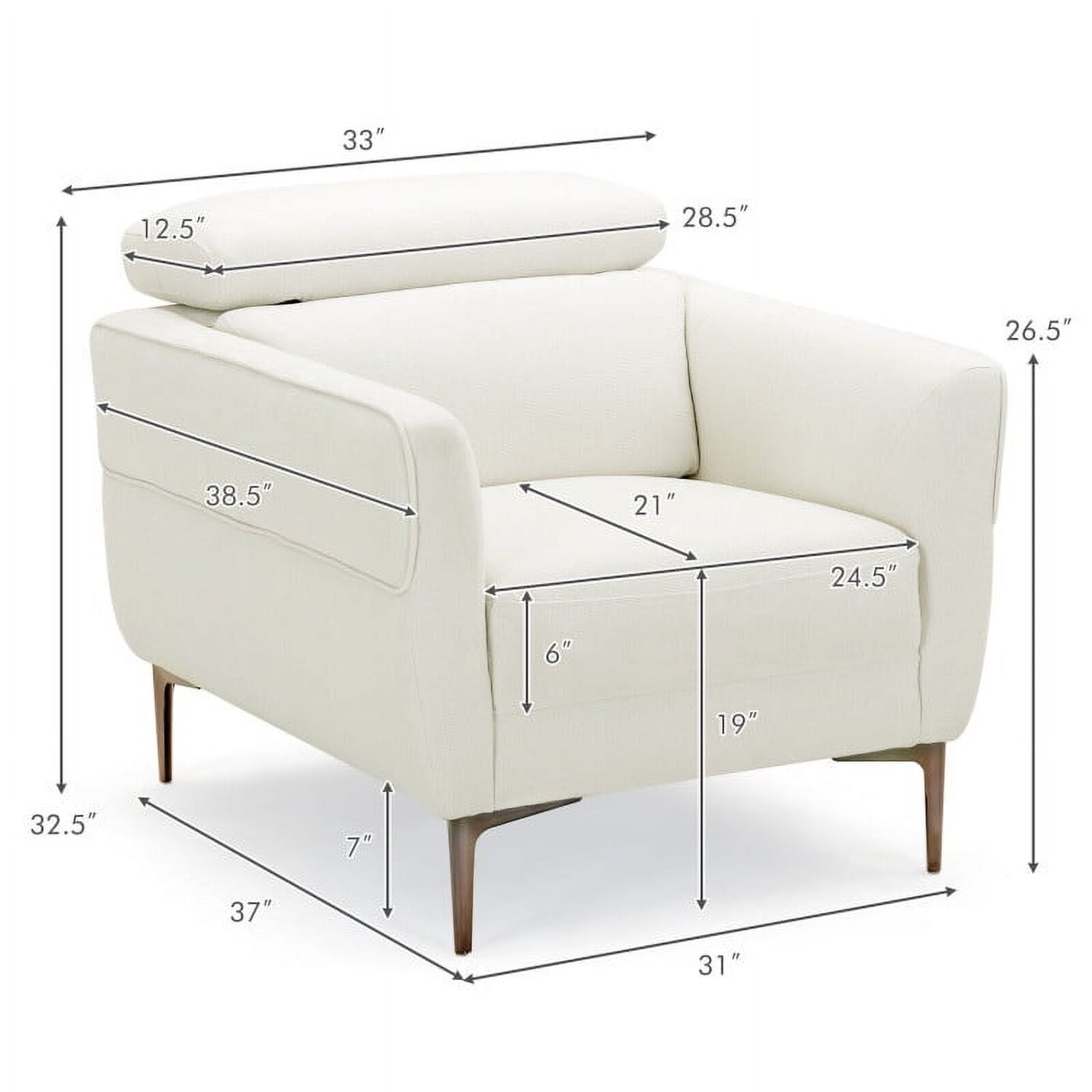 Finihen Single Sofa, Upholstered Sofa, Modern Upholstered Single Sofa with Adjustable Headrest, for Living Room, White