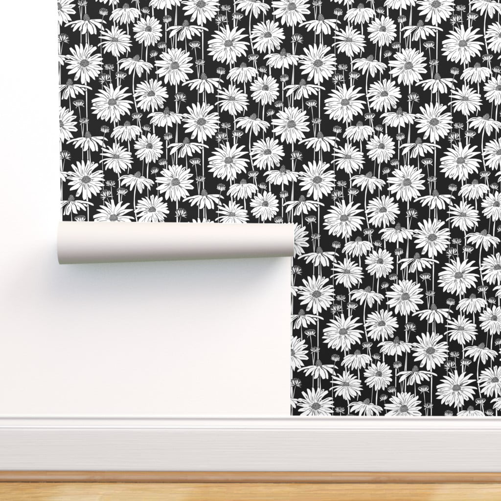 Removable Water-Activated Wallpaper Daisy Black And White Floral Garden Nature