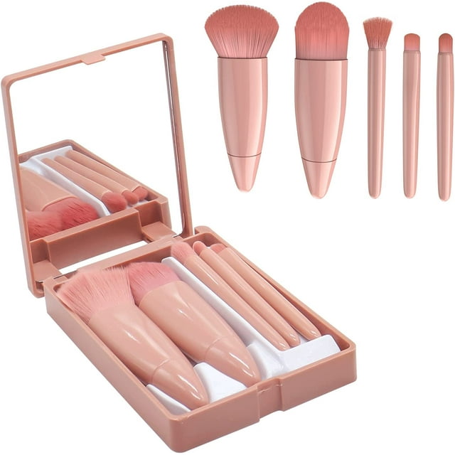 Juego de 5 brochas de maquillaje profesionales con espejo, portátil, para cara, ojos y labios (Rosa)
