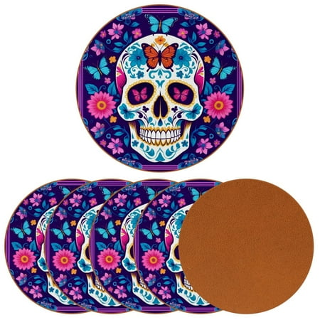 

YZUOUZY Coasters Coaster Set of 6 Round Microfiber Leather Custom Coasters Colored Skull