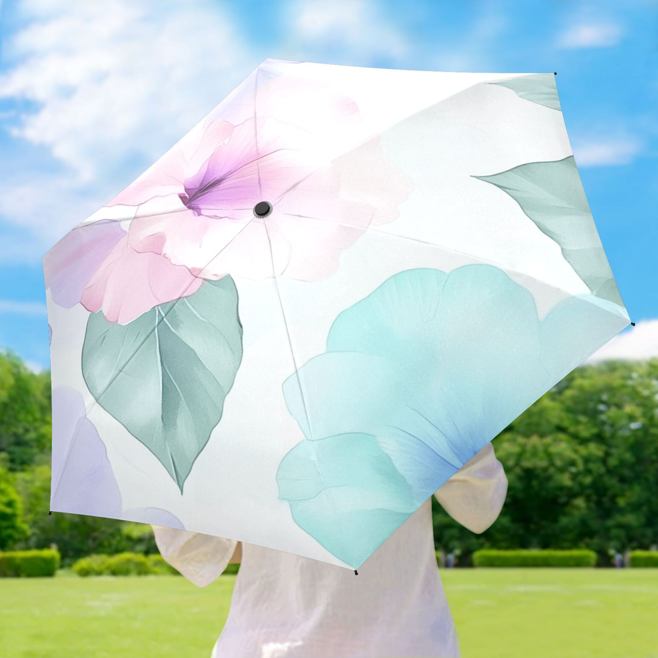 Hibiscus Blooms Umbrellas for Sun Auto Open Close UV50+ Waterproof 5-Fold Compact Fiberglass Frame