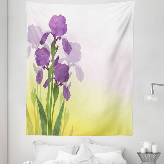 Garden Tapestry, Flowers of Iris with Green Leaves Gardening Plants Spring Morning, Fabric Wall Hanging Decor for Bedroom Living Room Dorm, 5 Sizes, Violet Green and Yellow, by Ambesonne