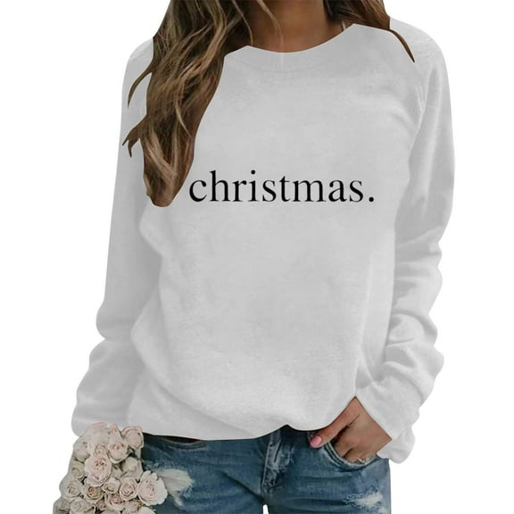 Raglan Sleeve Sweatshirts Tops for Women 2024 Merry Letter Print Christmas Shirts Long Sleeve Crewneck Pullover (X-Large, White 02)