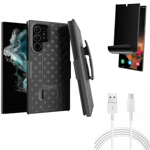 Privacy Screen Protector & 10ft USB-C Cable & Case Belt Clip for Samsung Galaxy S22 Ultra (6.8") - Combo TPU Film (Fingerprint) Anti-Peep & Type-C Charger Cord Power & Holster Swivel Cover