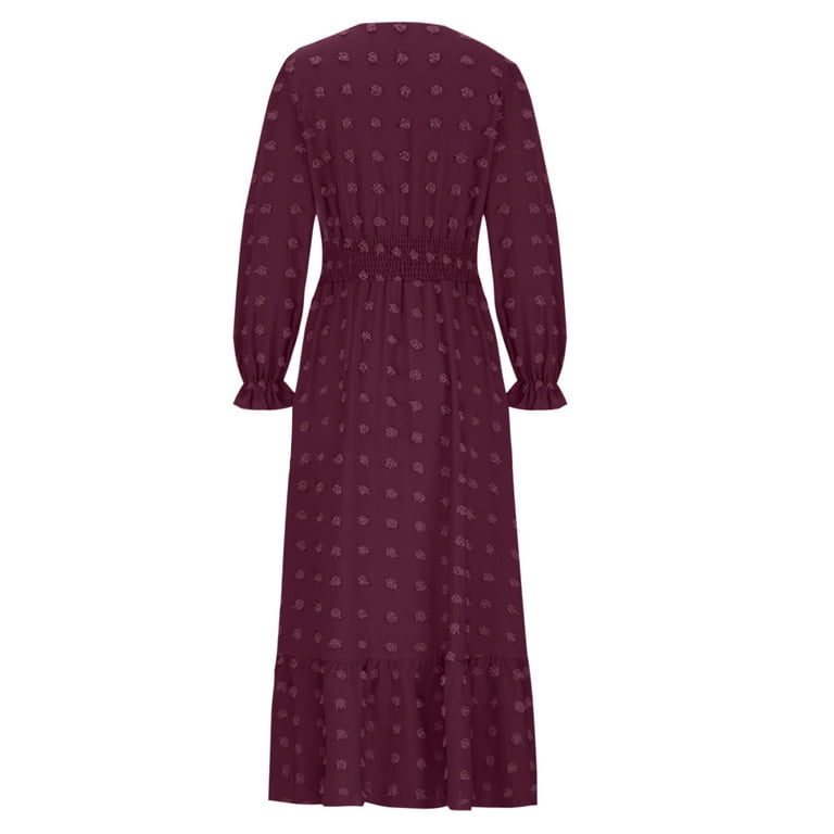 Iroinnid Long Dress for Women Formal Wedding Guest Formal Dress Fall And Winter New Slim Dress Collar Bubble Sleeve Pleated Skirt,Burgundy