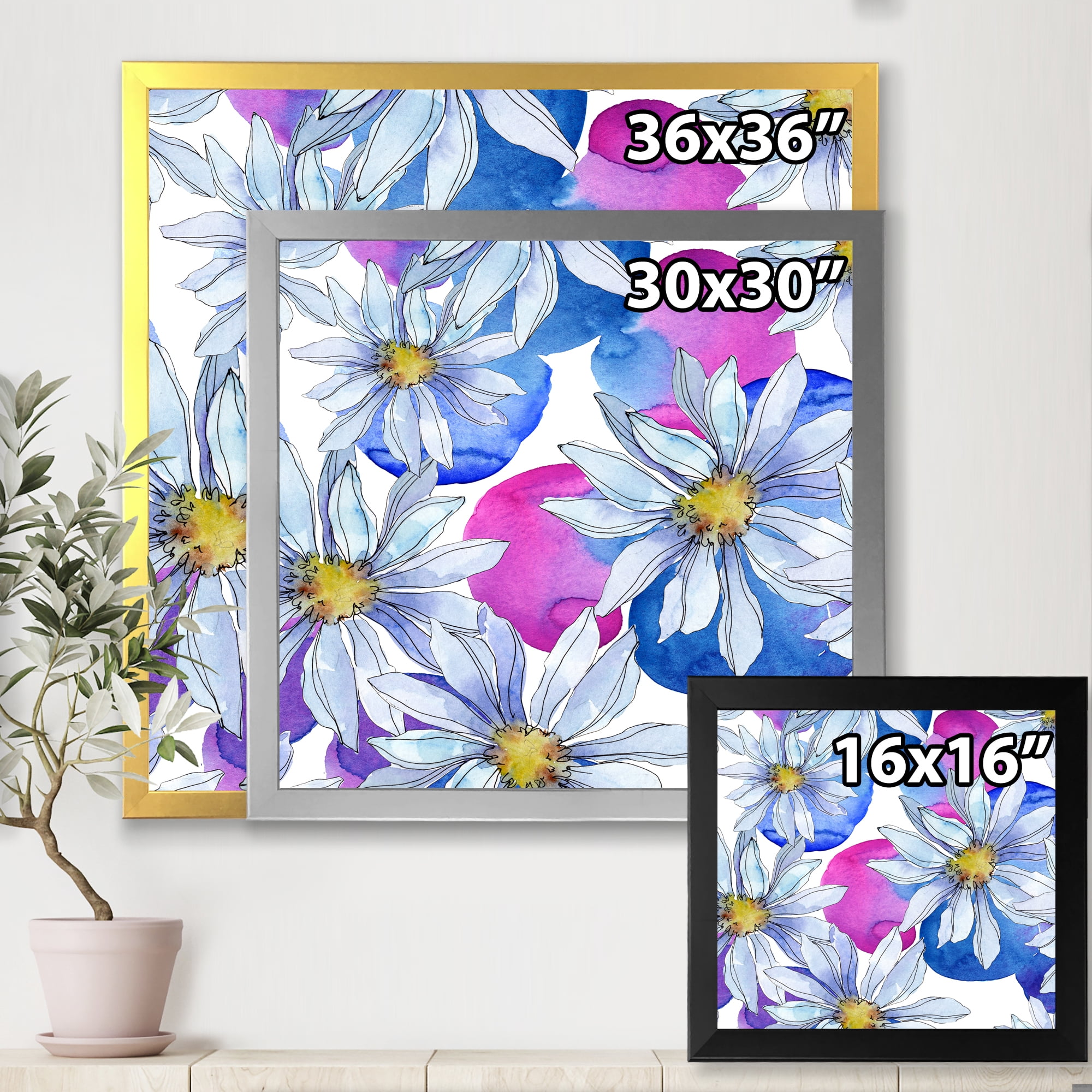 Designart 'Daisies On Red and Blue Backgorund' Traditional Framed Art Print