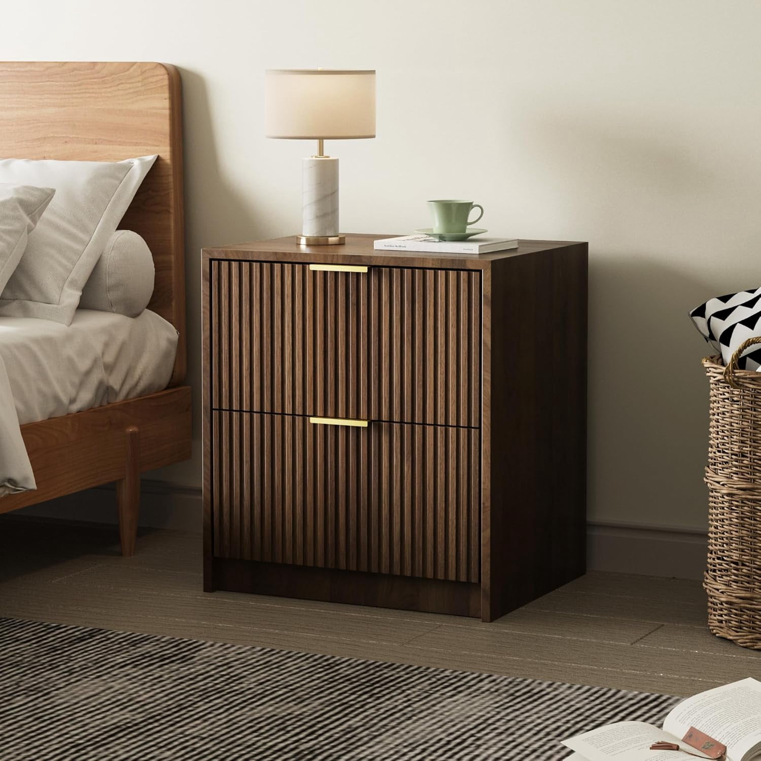 FURNIWAY Set of 2 Fluted Nightstand with 2 Drawers, Modern Storage Bedside Table with Golden Metal Handles, Wooden End Table for Bedroom, Living Room,Walnut