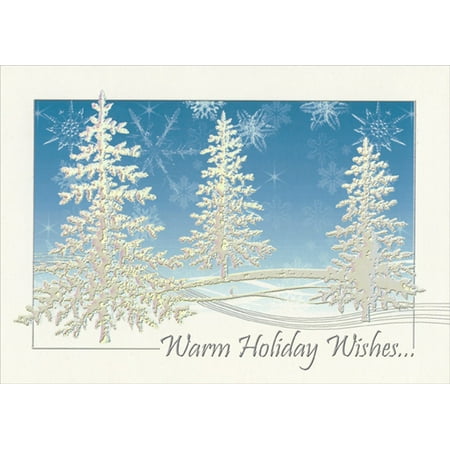 Christmas Card Background Silver LPG Greetings Silver Prismatic Foil Embossed Evergreen Trees on Blue : Rhonda Adams Box of 14 Christmas Cards ()