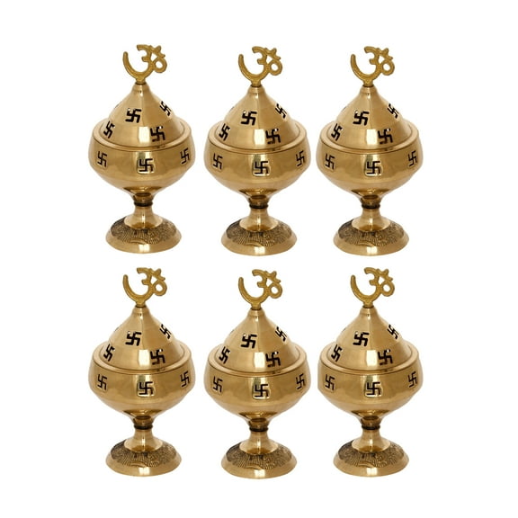 Set Of 6 Golden Om & Swastik Symbol Akhand Diyas | Brass Decorative Diyas | Auspicious Designer Akhand Diya For Puja Room, Home, Office, Temple Decor