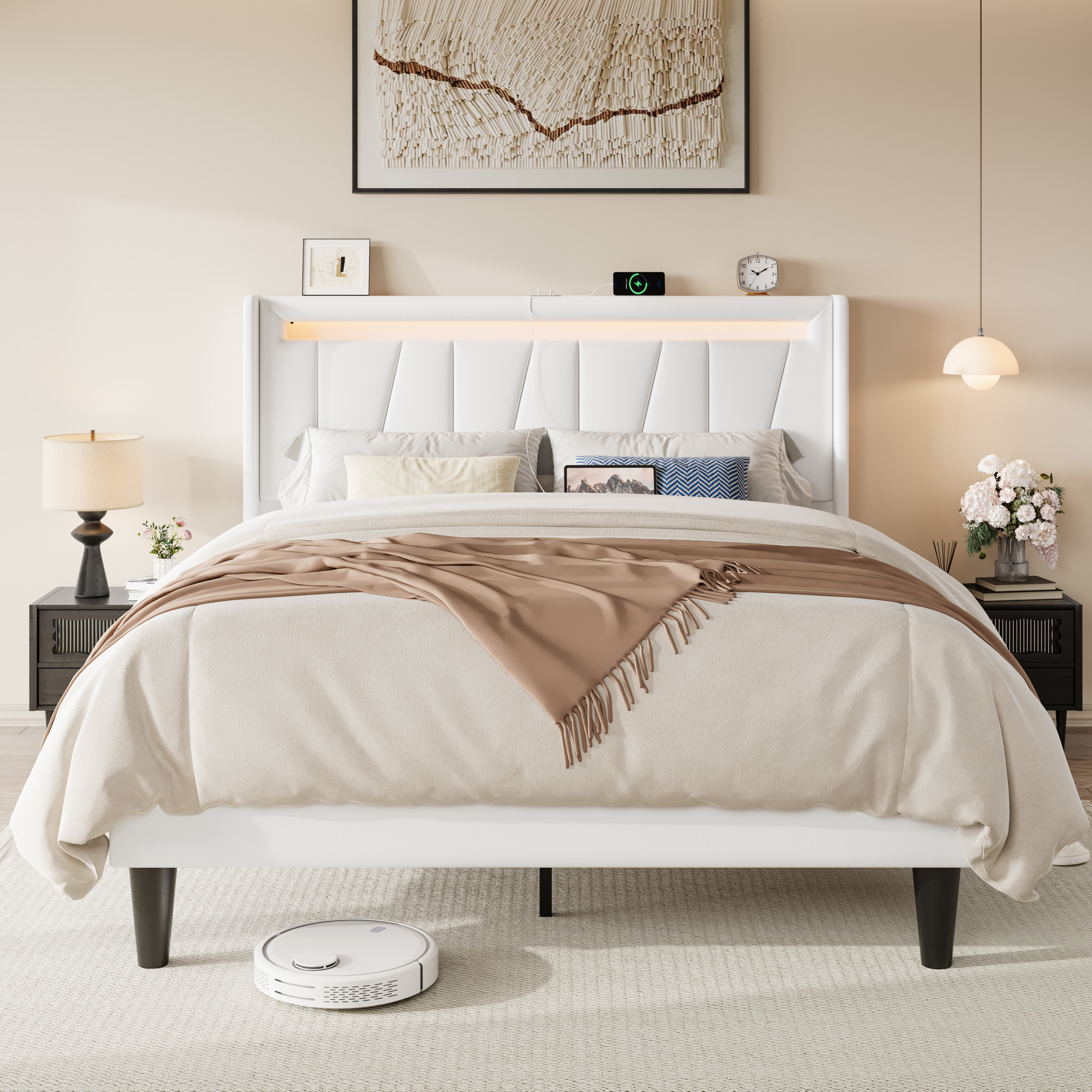 Allewie Queen Size LED Bed Frame with Charging Station, Velvet Upholstered Platform Bed with Geometric Wingback Headboard, White