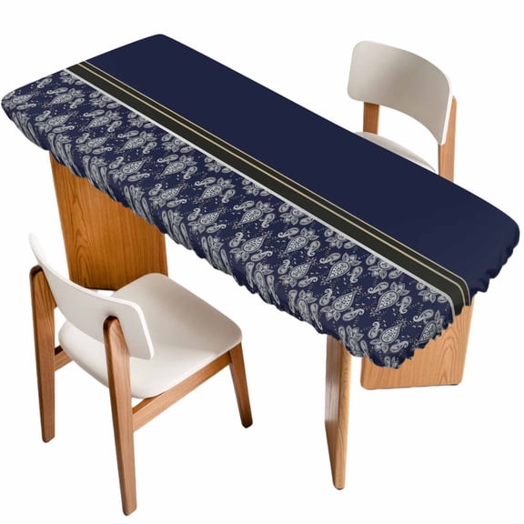 Boho Navy Blue Flower Table Cloths for 8 Foot Rectangle Tables, Abstract Bohemia Pesley Floral Patio Waterproof Elastic Fitted Tablecloths, Washable Rectangular Table Cover for Camping