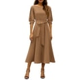 thumbnail image 2 of Women's Dress Three Quarter Sleeve Elegant with Belt and Pocket Chic Midi Dress for Spring Fall Party Office,Khaki,S, 2 of 5