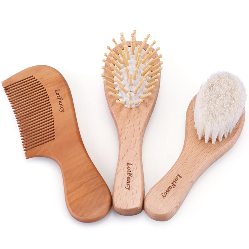 3PCS Baby Hair Brush And Comb Set LotFancy Natural Soft Goat Bristle