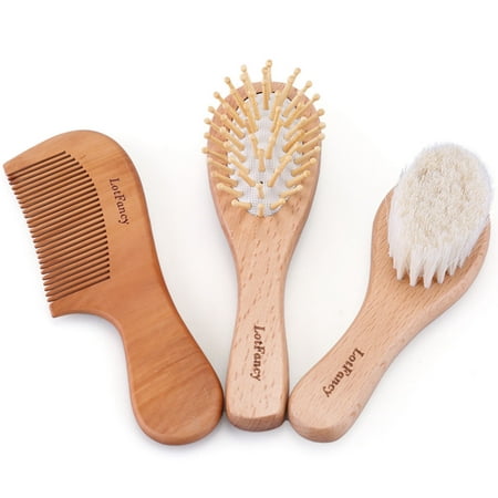 3PCS Baby Hair Brush and Comb Set - LotFancy Natural Soft Goat Bristle Brush for Cradle Cap, Scalp Massage Brush, Wooden Comb, Perfect Gift for Baby Shower, Registry or New