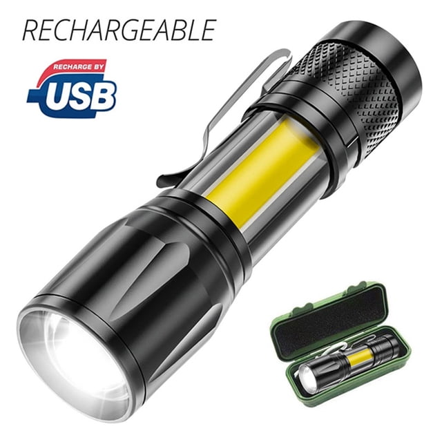 Mini linterna LED recargable por USB XPE + COB linterna impermeable Ehuebsd con zoom batería integrada luz de Camping