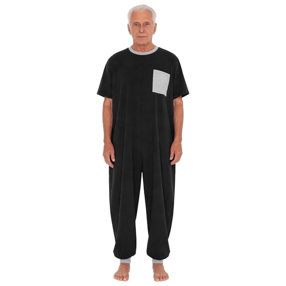 Hansber Men Anti-Strip Jumpsuit Back-Zip Romper One Piece Adaptive Clothing for Dementia Elderly Special Needs Black XXL