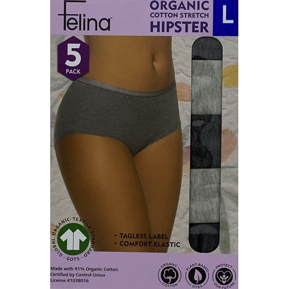 FELINA Women's Organic Cotton Stretch Hipster 5 Pack, Gray/Light Gray Large