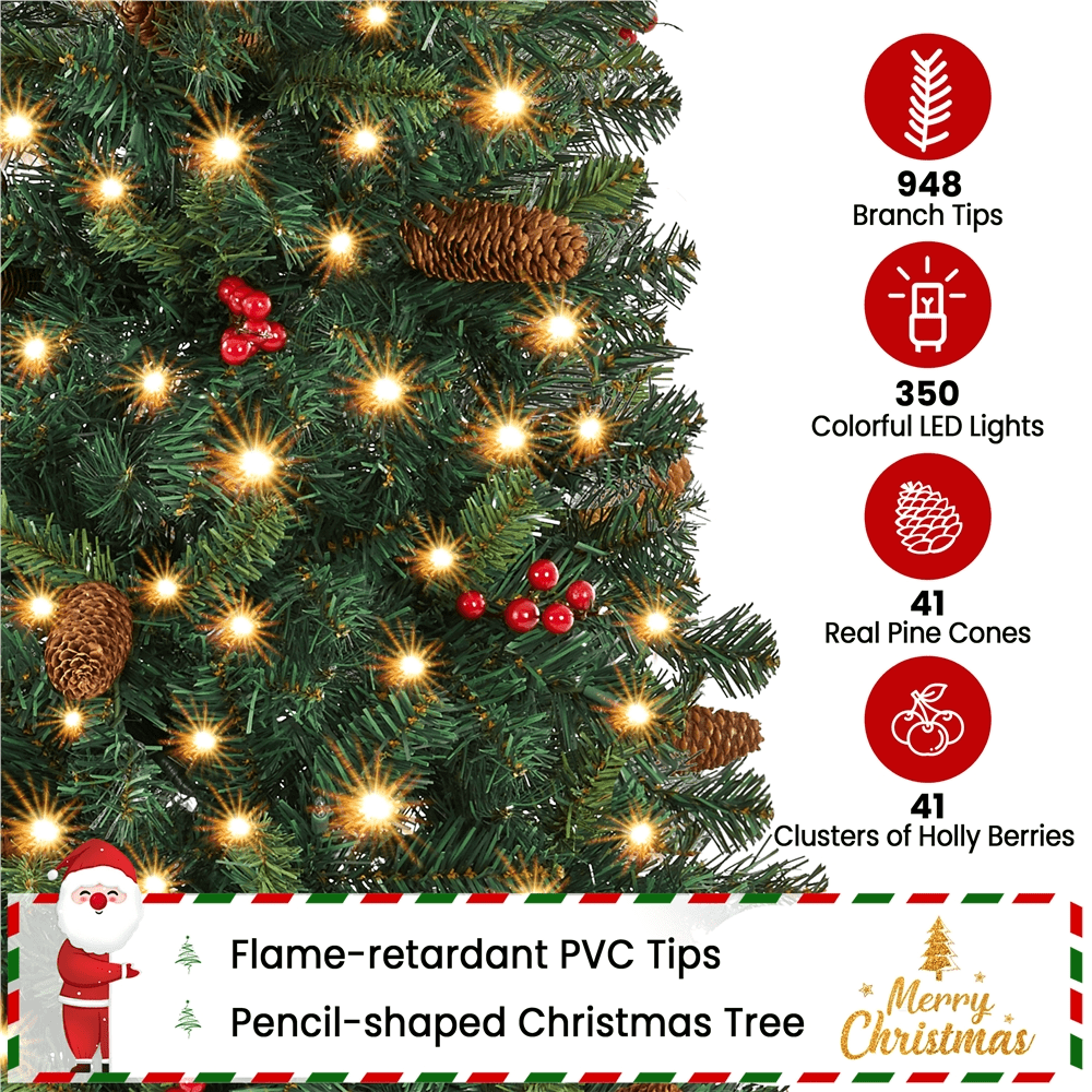 Alden Design 7.5Ft Pre-lit Artificial Christmas Tree with Pinecones & Holly Berries, Green