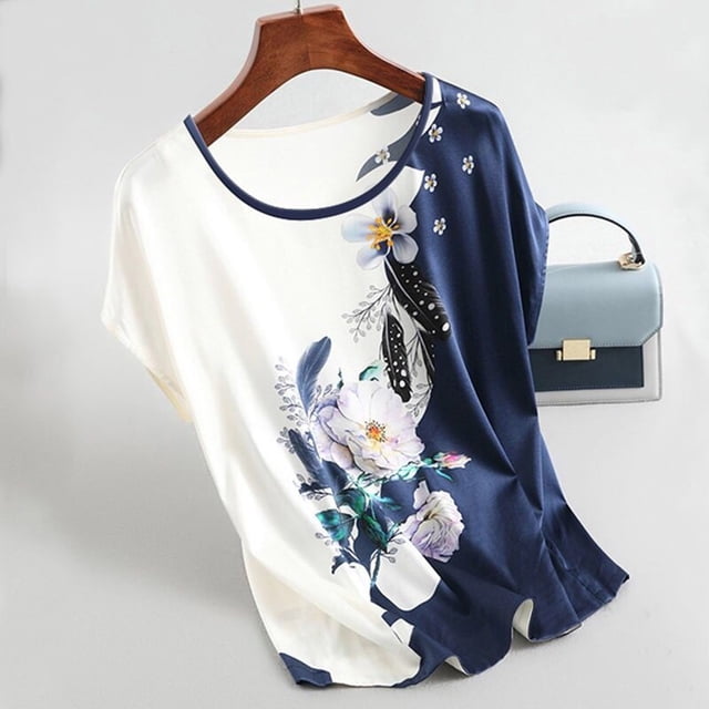 Blouse pour Femmes en Soie Glacée Col Rond Imprimé Floral Manches Courtes Grande Taille