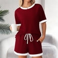 thumbnail image 2 of Plus Size Two Piece of Outfits for Womens Summer Crew Neck Short Sleeve Ribbed Contrast Drawstring Shorts Casual Loungewear 2 Piece Set, 2 of 5