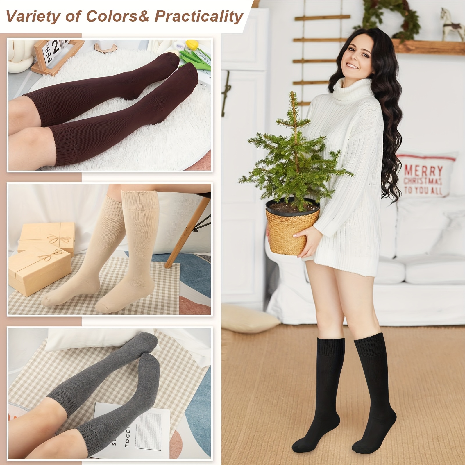 4 Pairs Warm Knee High Socks for Women, Soft Thick Stocking for Cold Weather, Thermal Womens Long Casual Winter Gifts Socks for Hiking Skiing