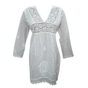 Mogul Womens Ethnic Embroidered Cotton White Kurti Long Sleeves Comfy Tunic Dress L